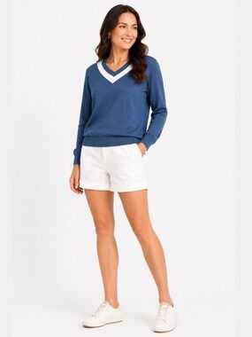 CLUB MONACO Linen Silk Blend Vee Neck Lightweight Sweater in Denim Blue Sz XL